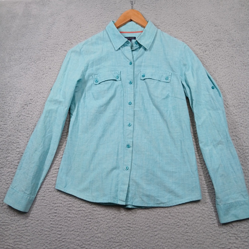 Tommy Hilfiger Button Up Shirt Women's M Aqua Blue Linen Blend Long Sleeve Read